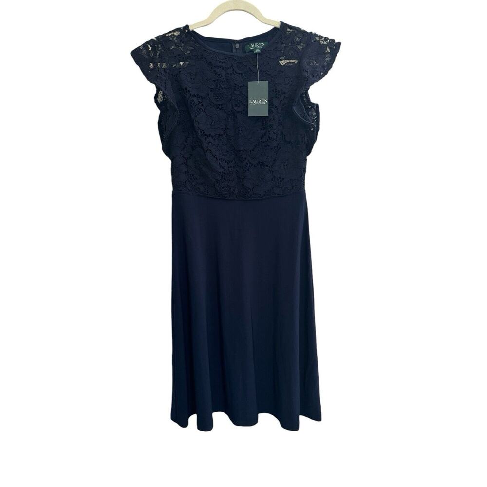 NWT Lauren Ralph Lauren 4P Petite Navy Blue Crochet Lace Top Dress #7028
